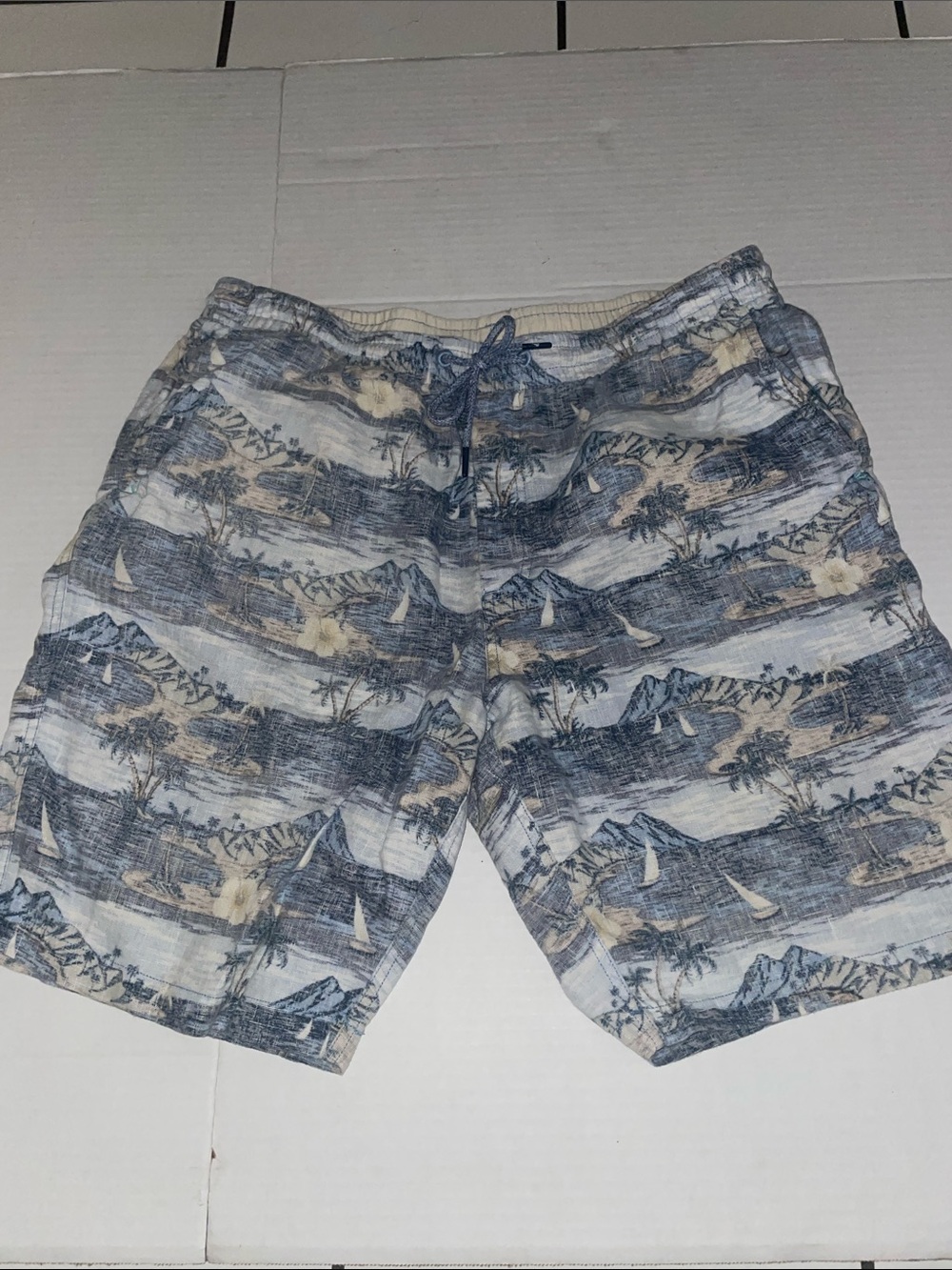 Tommy Bahama Blue and Cream Tropical Print Swim Trunks